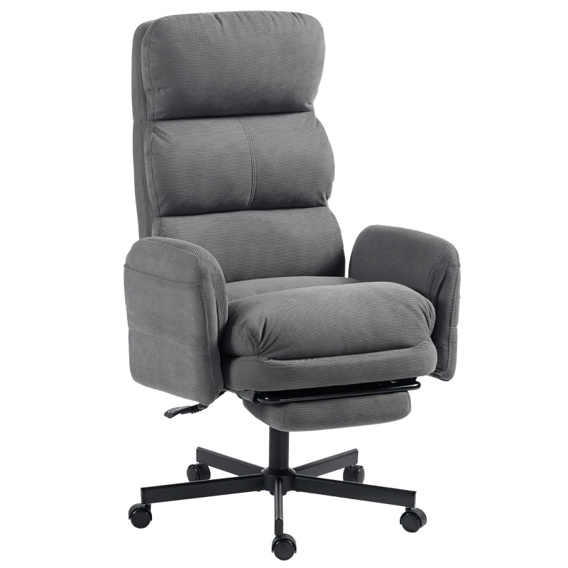 HOMCOM Scaun Birou Ergonomic, Cotieri Rabatabile, Tetieră Reglabilă, Fotoliu Birou Înclinat Velur Côtelat, Gri