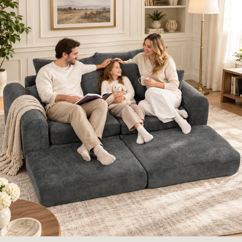 HOMCOM Canapea extensibilă modulară colțar, transformabilă, design soft fără muchii dure, șezut adânc 76 cm, spumă de înaltă densitate, gri închis