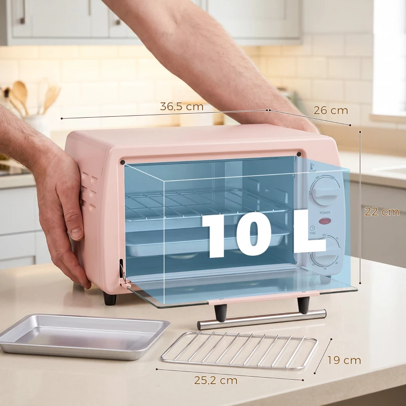 HOMCOM Tisch-Backofen 10L 750W Kleiner Elektro-Ofen Temperatur 230 °C und Timer 36,5x26x22 cm Rosa