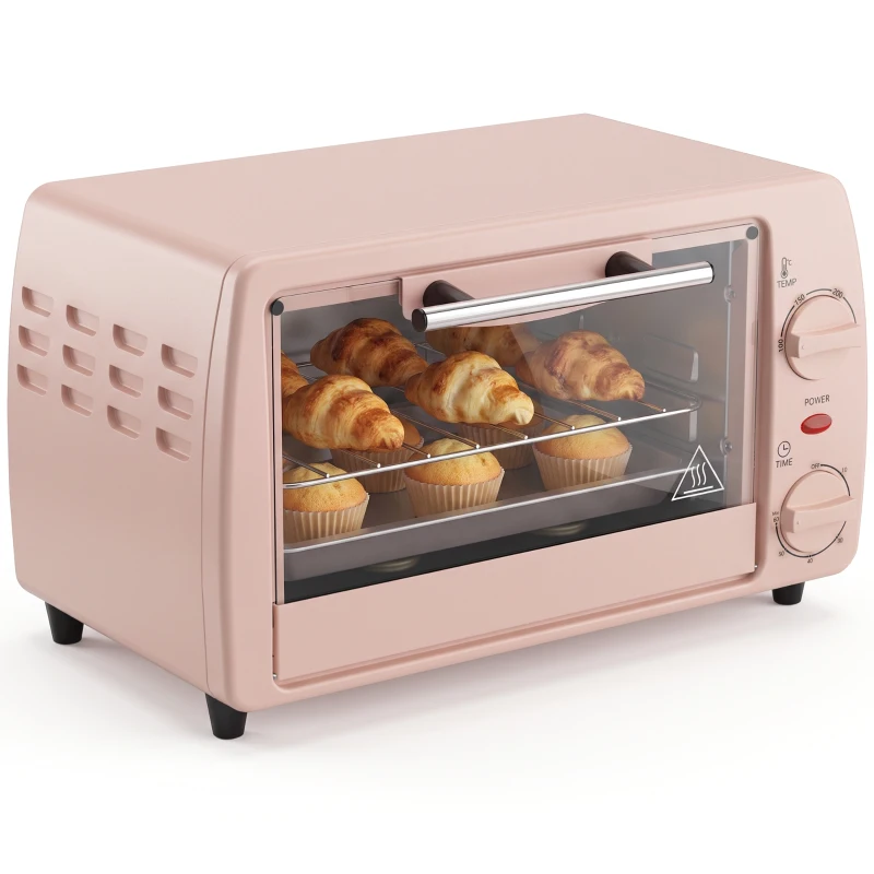 HOMCOM Tisch-Backofen 10L 750W Kleiner Elektro-Ofen Temperatur 230 °C und Timer 36,5x26x22 cm Rosa