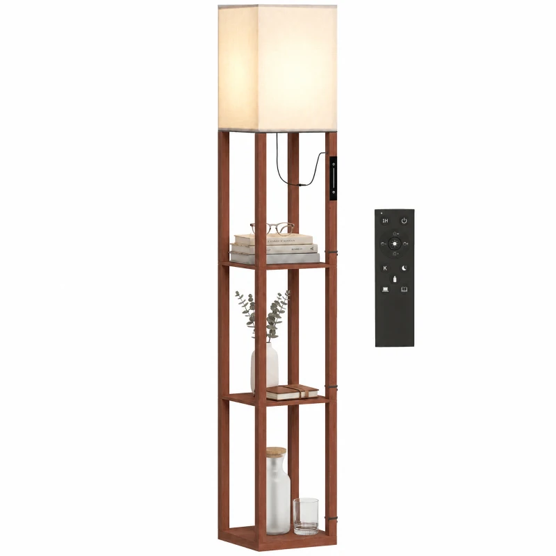HOMCOM Lampă de Podea cu 3 Rafturi Lumină LED Reglabilă Control Tactil și Telecomandă Abajur Textil Bec Inclus Marrón