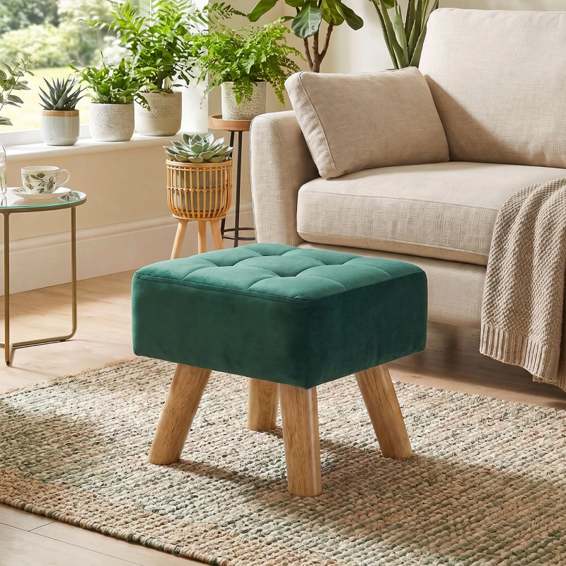 HOMCOM Suport pentru picioare living, Ottoman, Scaun tapițat în material textil cu picioare din lemn, 27 x 27 x 26 cm, Verde închis