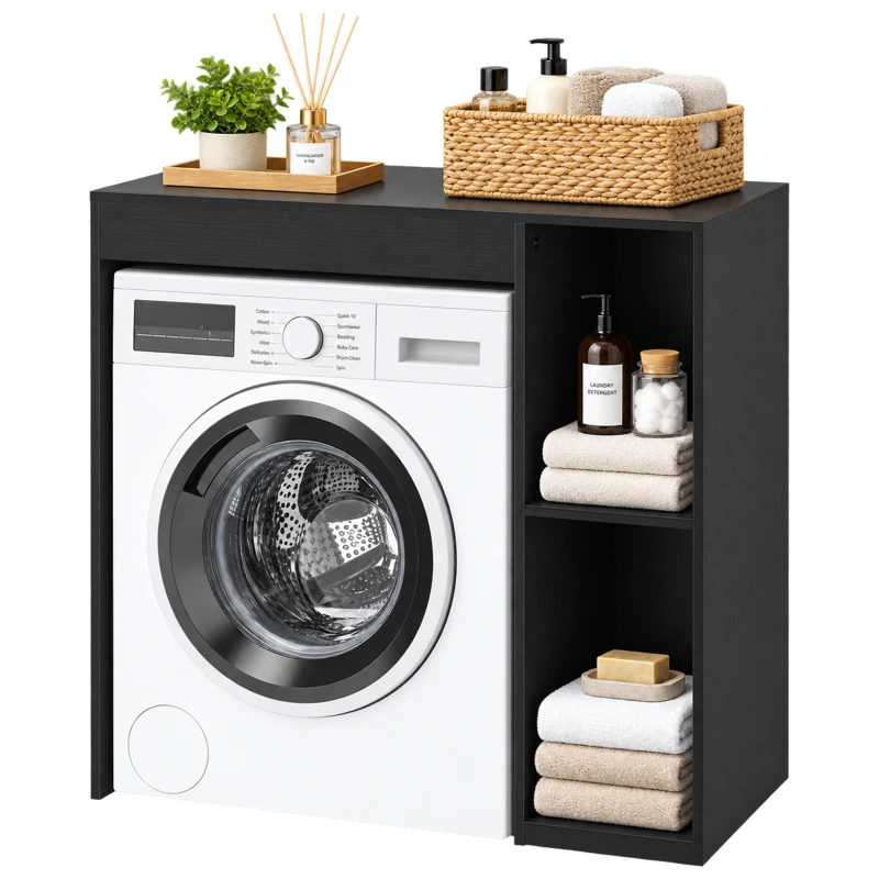 HOMCOM Mobilier pentru mașina de spălat, dulap pentru mașina de spălat și uscător cu 2 compartimente deschise, 96 x 60 x 90,5 cm, negru