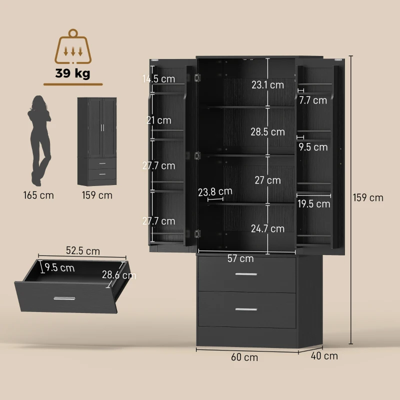 HOMCOM Dulap pentru provizii 8 rafturi pe uși polițe reglabile dulap de bucătărie 159 cm Negru