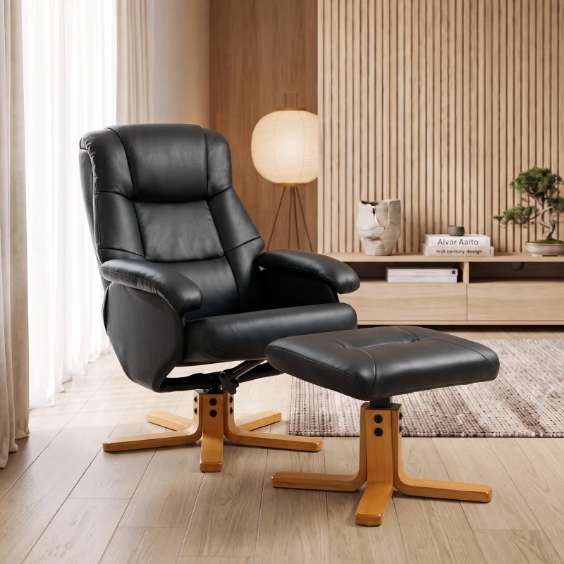 HOMCOM Fotoliu Relax cu Suport pentru Picioare, Fotoliu de Relaxare Inclinabil din PU, Rotativ 360°, Funcție balans, Negru
