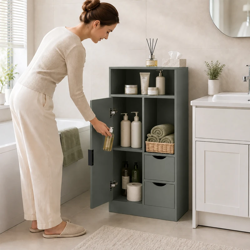 HOMCOM Mobilier pentru baie, corp de depozitare îngust cu 2 sertare, compartimente deschise, 50x25x100cm, verde deschis
