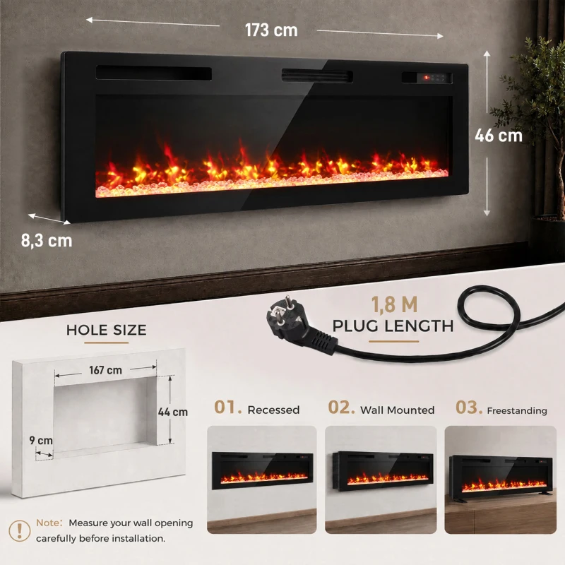 HOMCOM Cheminée électrique encastrable, murale et autoportante Slim 173 cm avec télécommande, 900/1800 W, minuterie, 35 m², Noir