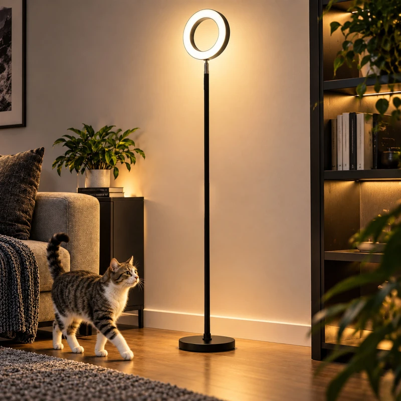HOMCOM Lampă de podea 42W LED dimabilă 3 temperaturi de culoare reflector pentru tavan cap inelar reglabil negru