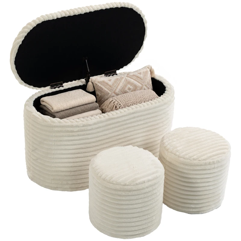 HOMCOM Set de 3 Poufs-coffre Gain de Place en Velours Côtelé, pour Salon et Chambre, Crème
