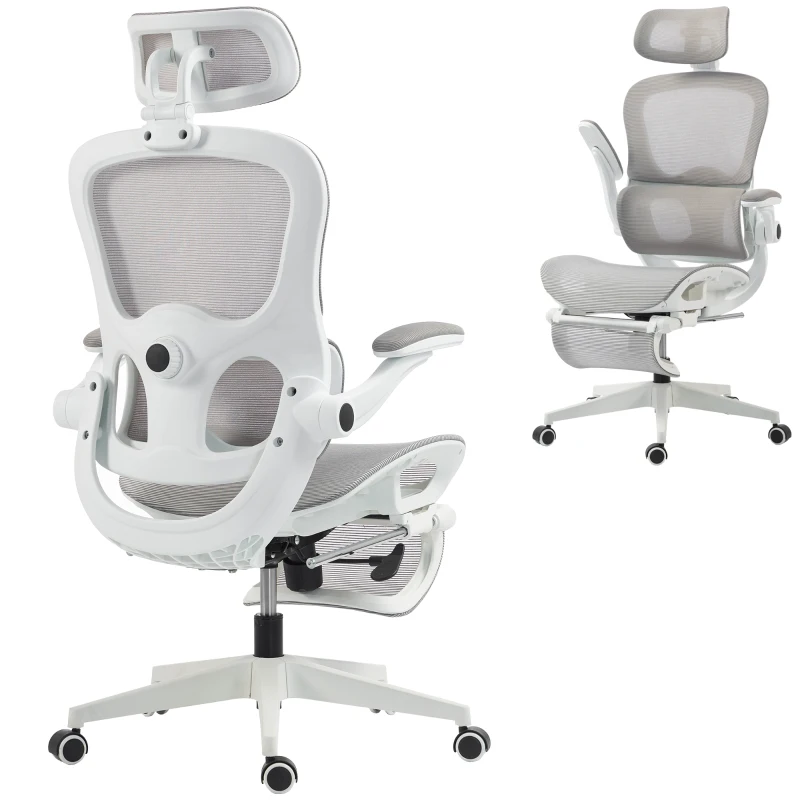 HOMCOM Scaun de birou ergonomic rabatabil din plasă, suport lombar, tetieră, cotiere rabatabile, 62x66x126cm, Gri