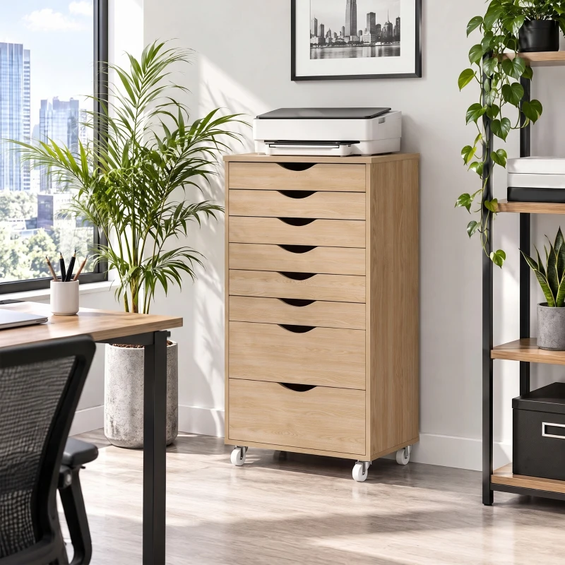 HOMCOM Commode de bureau 8 tiroirs avec roulettes Support pour imprimante Chêne