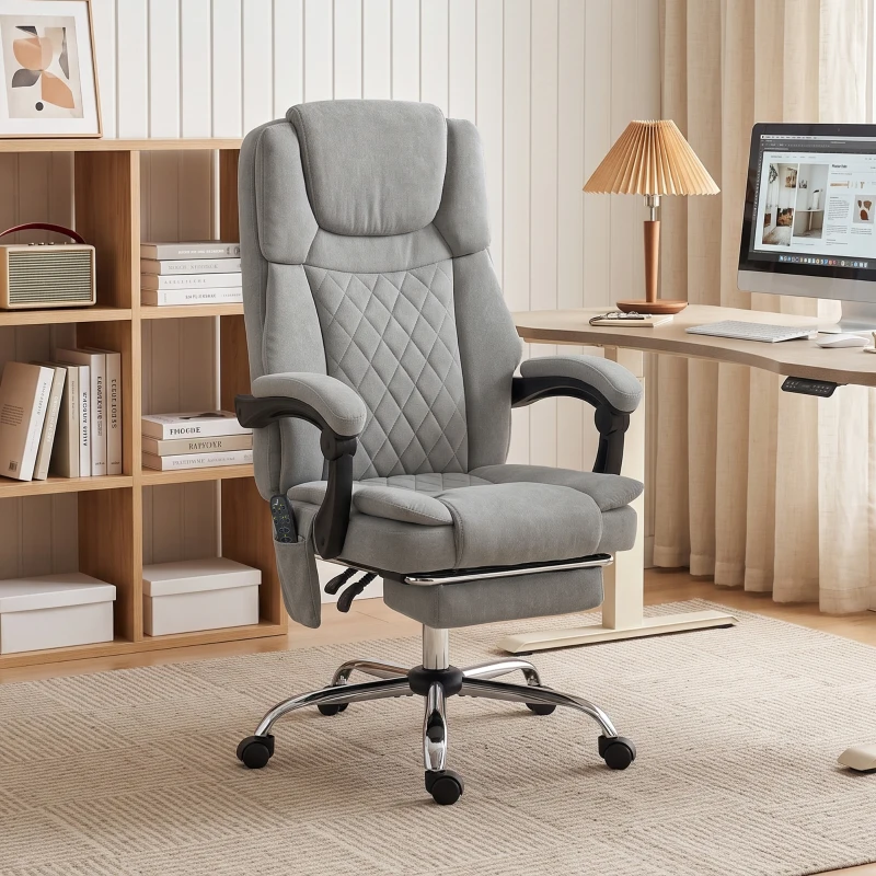 HOMCOM Fotoliu birou cu masaj vibrant și încălzire, scaun ergonomic din catifea imprimată, spătar înclinabil, gri