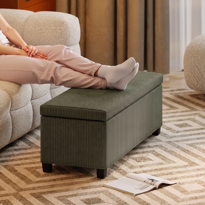HOMCOM Bancă de Depozitare, Capăt de Pat din Catifea Côtelée cu Capac, pentru Living, Dormitor, Hol, 112x42x40 cm, Verde Deschis