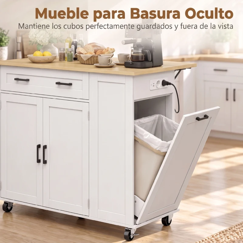 HOMCOM Isla de Cocina con Ruedas, Encimera Extensible Estación de Carga Compartimento para Cubo Estantes en las Puertas Blanco