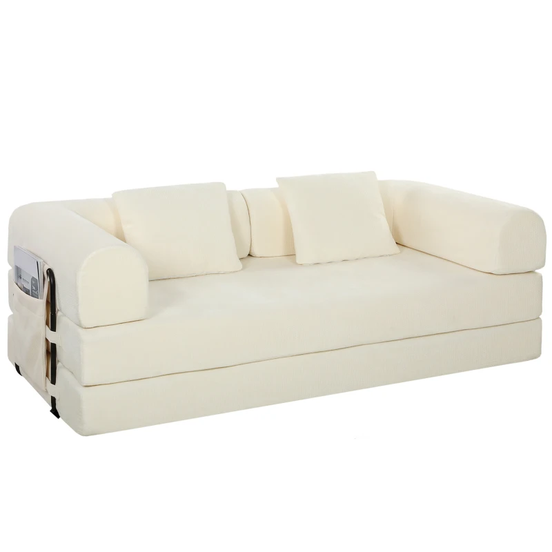 HOMCOM Canapé-Lit Convertible 5 en 1 3 Places en Chenille 207 cm Pliable au Sol Mousse Haute Densité 2 Coussins Blanc