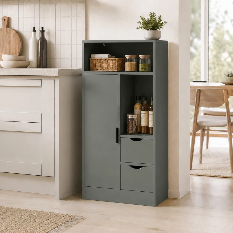 HOMCOM Mobilier pentru baie, corp de depozitare îngust cu 2 sertare, compartimente deschise, 50x25x100cm, verde deschis