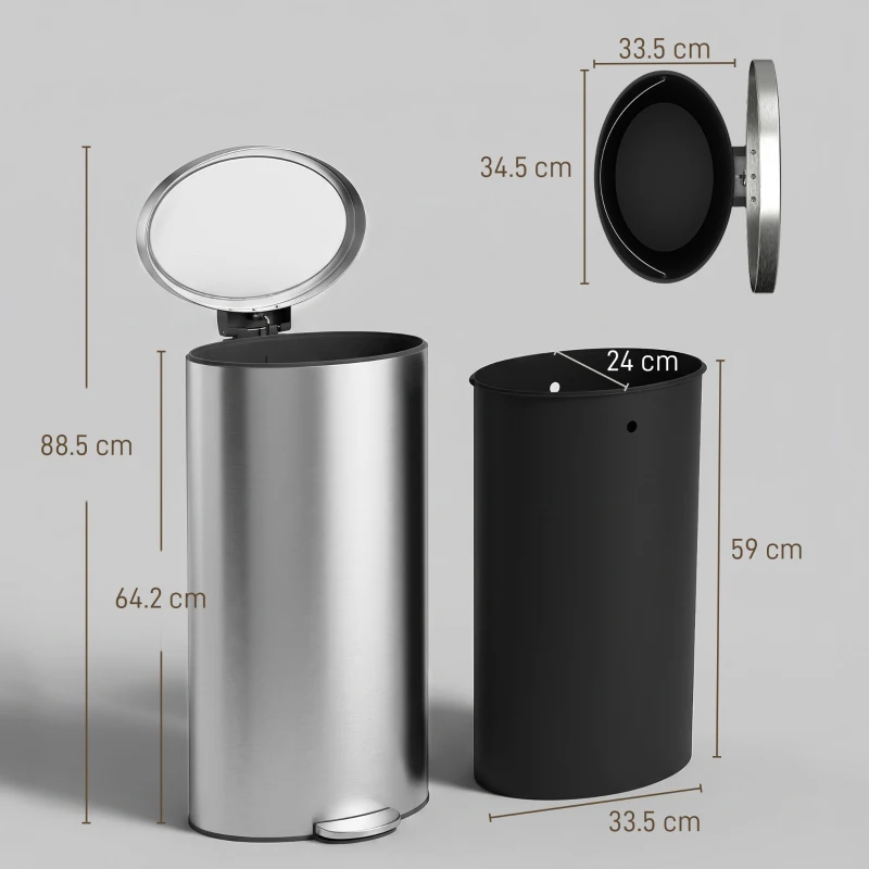 HOMCOM Coș de gunoi cu capac Soft-Close Treteimer cu coș interior detașabil 30L Argintiu