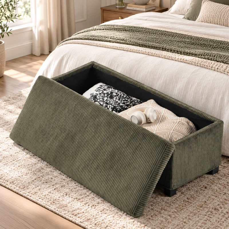 HOMCOM Bancă de Depozitare, Capăt de Pat din Catifea Côtelée cu Capac, pentru Living, Dormitor, Hol, 112x42x40 cm, Verde Deschis