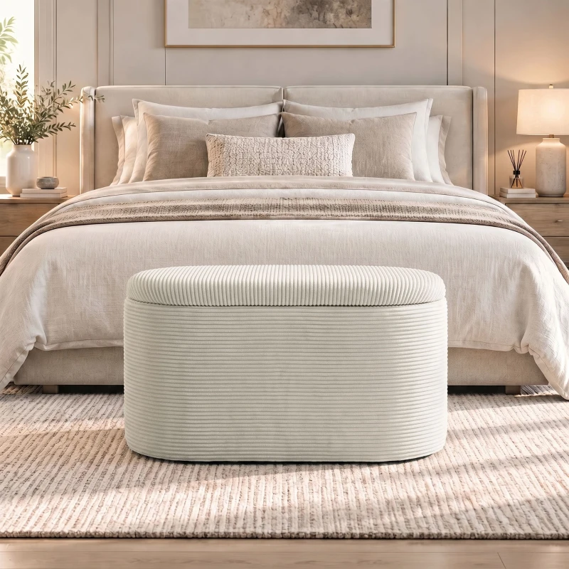 HOMCOM Velours-Aufbewahrungsbank Pouf Aufbewahrungstruhe 3-in-1 mit 2 integrierten kleinen Hockern 82x43x44cm Beige