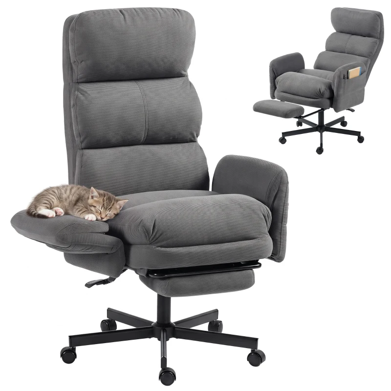 HOMCOM Scaun Birou Ergonomic, Cotieri Rabatabile, Tetieră Reglabilă, Fotoliu Birou Înclinat Velur Côtelat, Gri
