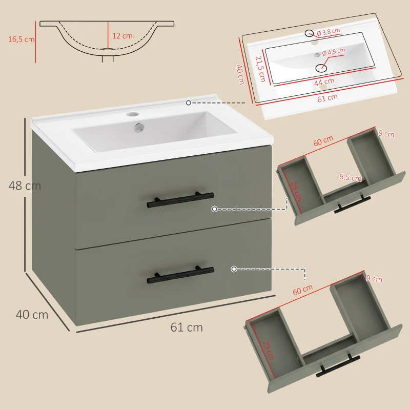 HOMCOM Mueble de Baño con Lavabo de Cerámica y 2 Cajones, 61x40x48 cm, Verde