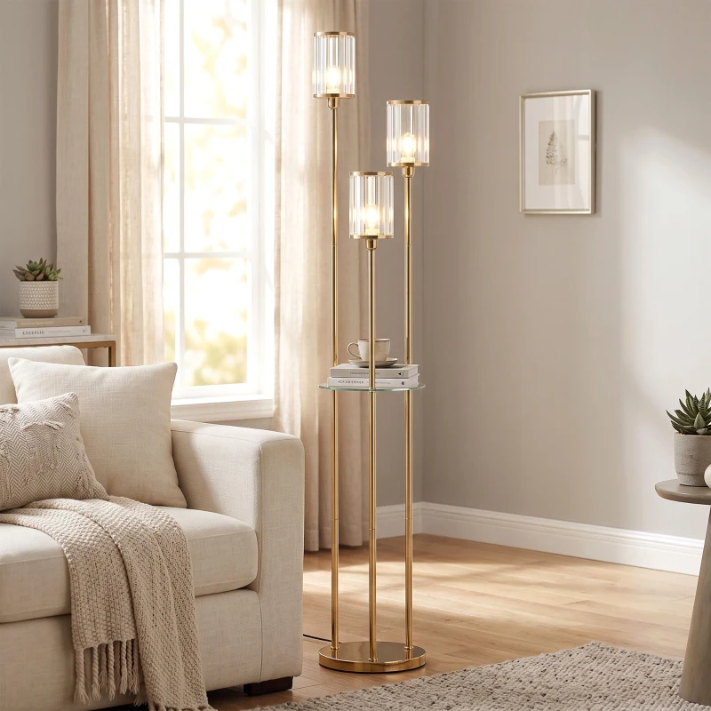 HOMCOM Stehlampe mit Ablage Glas 3-flammig Stehleuchte Lampenschirme Glas Gold