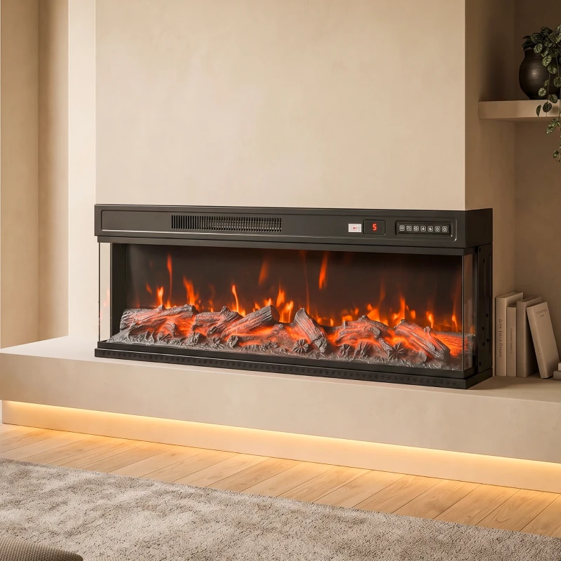 HOMCOM Cheminée électrique sur pied/encastrable 3 côtés avec télécommande, 750/1500 W, Effet flammes 3D 12 couleurs, 5 luminosités