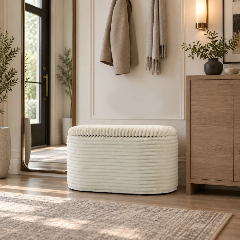 HOMCOM Set de 3 Poufs-coffre Gain de Place en Velours Côtelé, pour Salon et Chambre, Crème