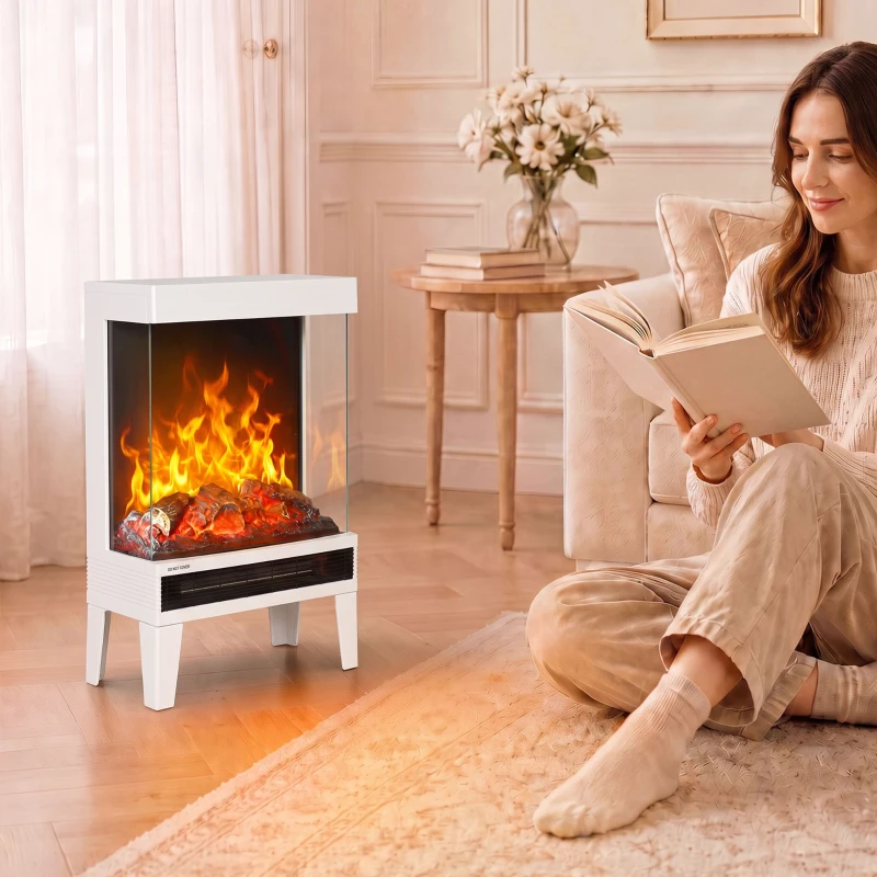 HOMCOM Chimenea Eléctrica 1000/2000W Calentador de Chimenea con Llama LED Ajustable hasta 15-20 m² 40,5x20x62 cm Blanco