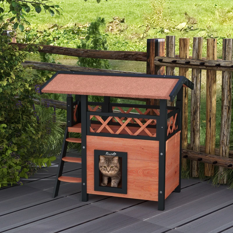 PawHut Adăpost Exterior pentru Pisici cu Terasă, Scară, Acoperiş, Vila-cușcă, 77 x 50 x 73 cm Maro și Roșu