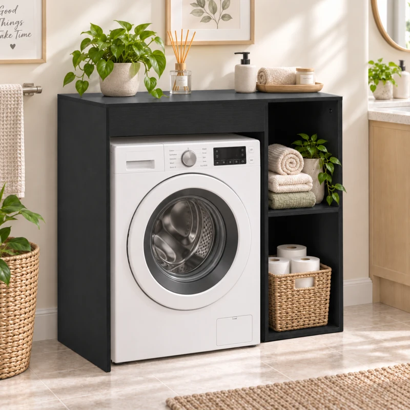 HOMCOM Mobilier pentru mașina de spălat, dulap pentru mașina de spălat și uscător cu 2 compartimente deschise, 96 x 60 x 90,5 cm, negru