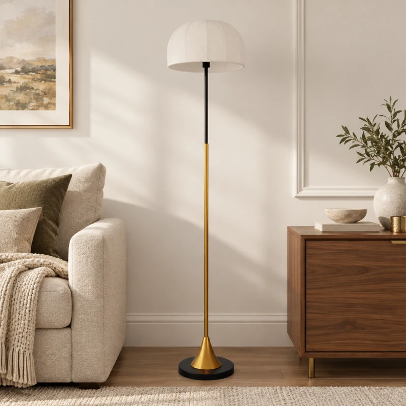 HOMCOM Lampadar de podea living 40W cu abajur în formă de cupolă, comutator la picior, 158 cm, auriu și alb