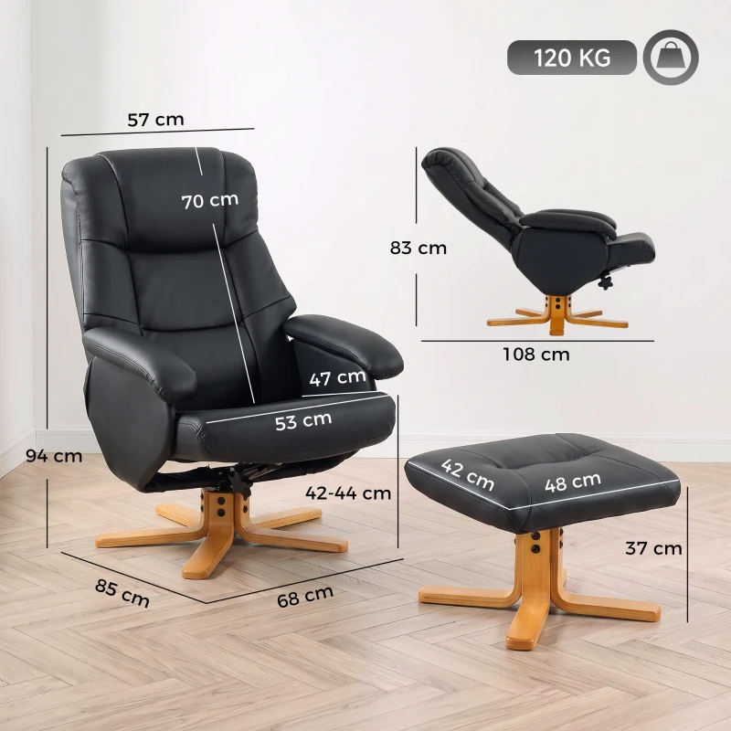 HOMCOM Fotoliu Relax cu Suport pentru Picioare, Fotoliu de Relaxare Inclinabil din PU, Rotativ 360°, Funcție balans, Negru
