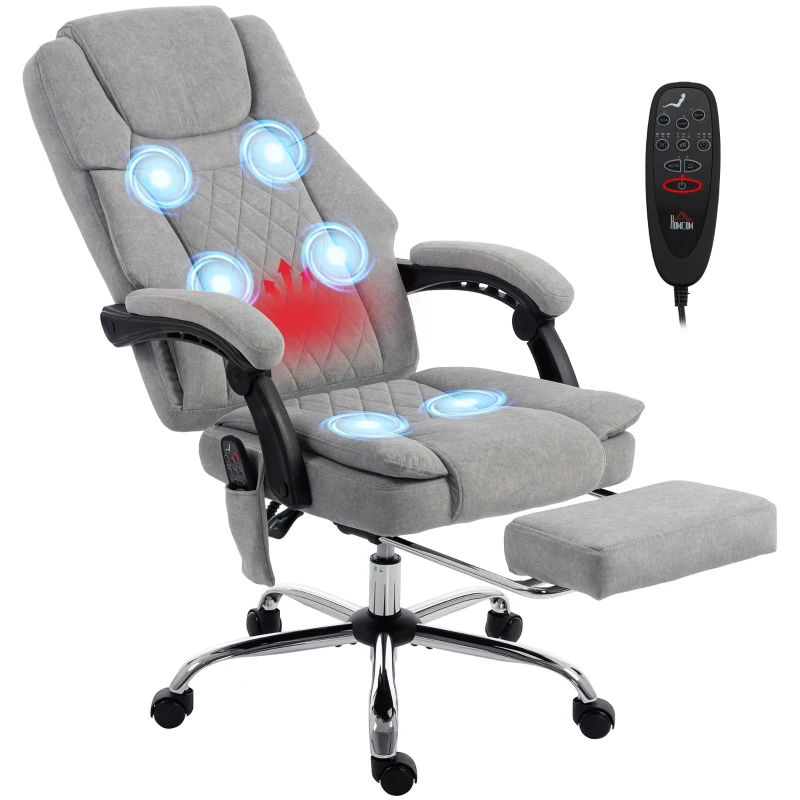 HOMCOM Fotoliu birou cu masaj vibrant și încălzire, scaun ergonomic din catifea imprimată, spătar înclinabil, gri