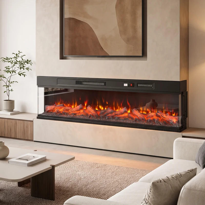 HOMCOM Cheminée électrique encastrable ou sur pied 750/1500W 3 faces 12 couleurs de flamme 3D thermostat télécommande Noir