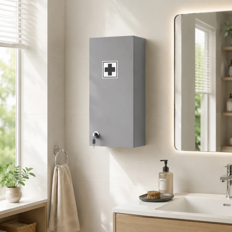 kleankin Armario de farmacia mural con cerradura, 5 estantes y baldas regulables, madera y vidrio, gris, 30x20x70cm
