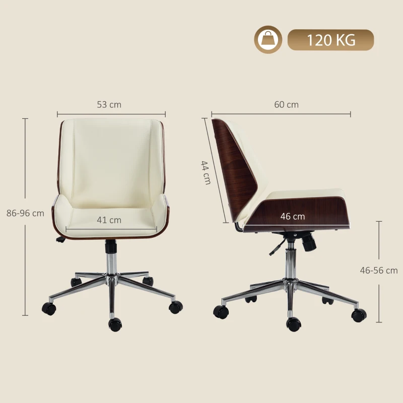 Vinsetto Scaun de Birou Design Vintage, Înălțime Reglabilă, Rotativ 360°, Bază Cromată, 53 x 60 x 86-96 cm, Crem