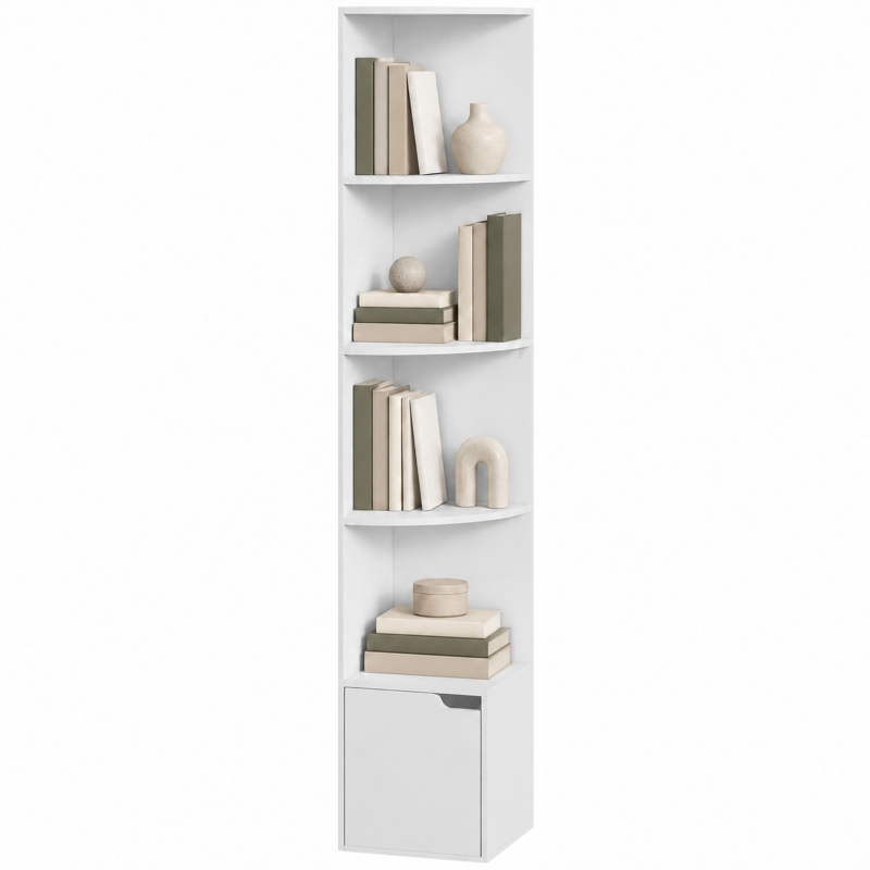 HOMCOM Eckregal mit 5 Ebenen, Regalböden und Schrank für Wohnzimmer, Schlafzimmer, 29,5x29,5x158 cm, Weiß