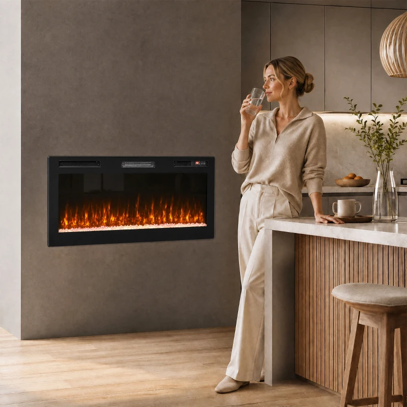 HOMCOM Cheminée Électrique Ultra-Fine 900/1800 W Encastrable/À Suspendre/Sur Pied 12 Couleurs de Flamme 3D Télécommande jusqu'à 35 m² Noir
