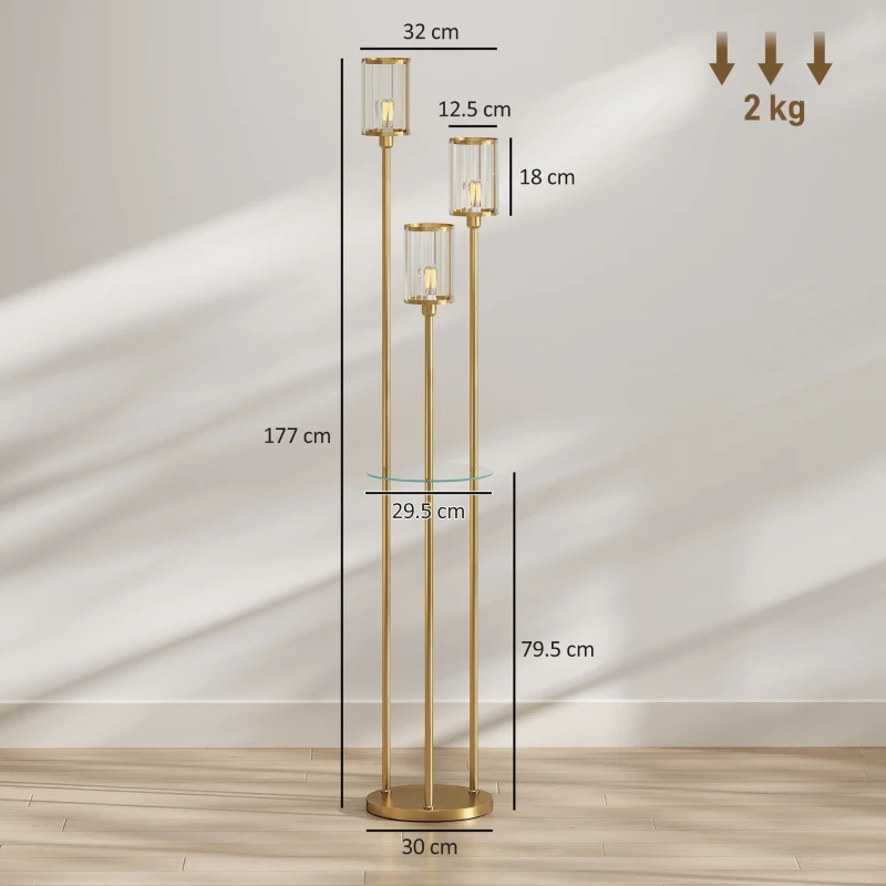 HOMCOM Lampă de podea cu raft și 3 abajururi din sticlă, lampă de podea cu masă din sticlă, 177 cm, auriu