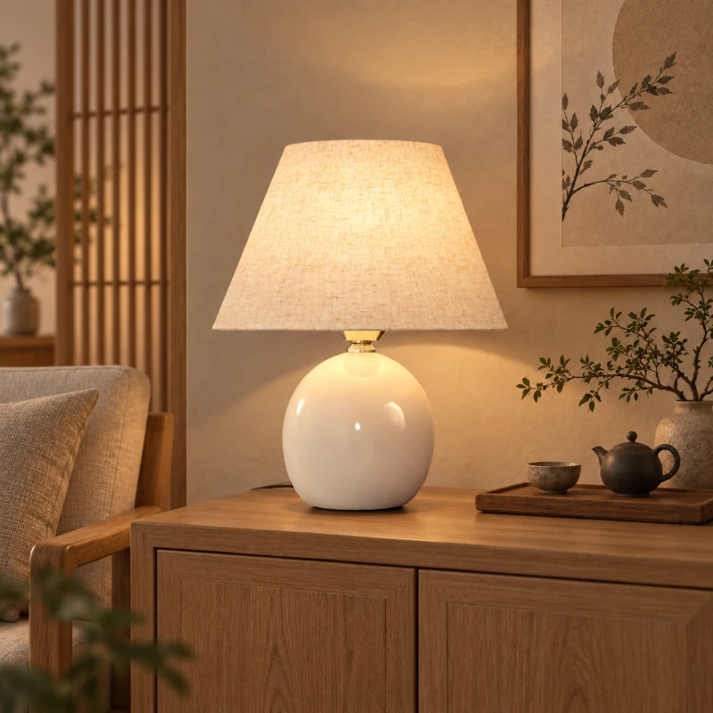 HOMCOM Lampe de Table Vintage Lampe de Chevet avec Base en Céramique Abat-jour en Lin Interrupteur à Bascule Crème