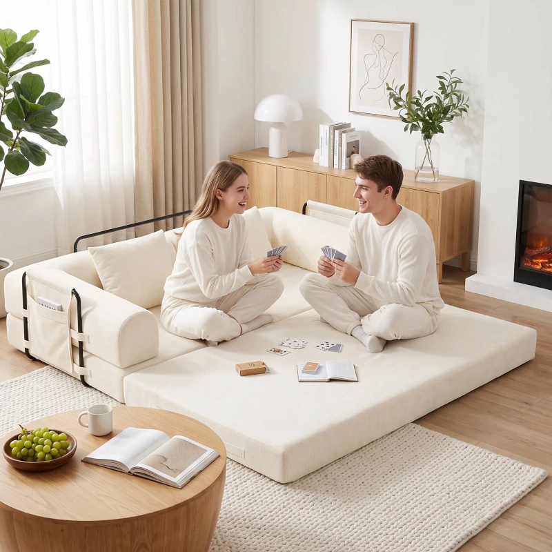 HOMCOM Canapé-Lit Convertible 5 en 1 3 Places en Chenille 207 cm Pliable au Sol Mousse Haute Densité 2 Coussins Blanc