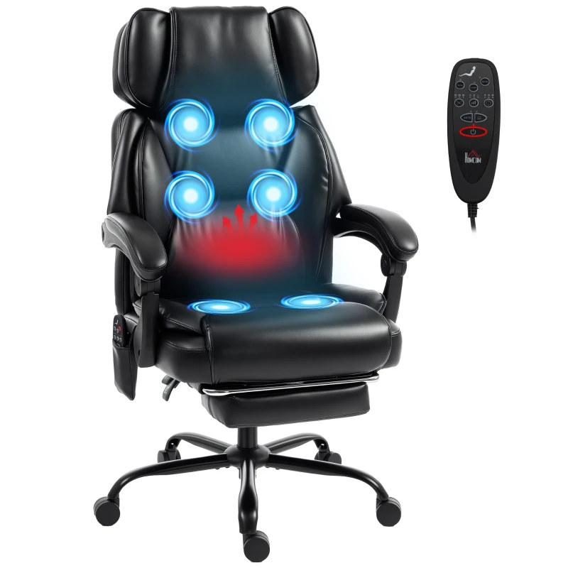HOMCOM Fauteuil de bureau massant 6 points vibrant, chauffé avec repose-pieds, en cuir PU, hauteur réglable, Noir