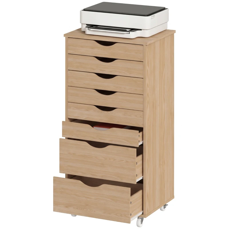 HOMCOM Commode de bureau 8 tiroirs avec roulettes Support pour imprimante Chêne