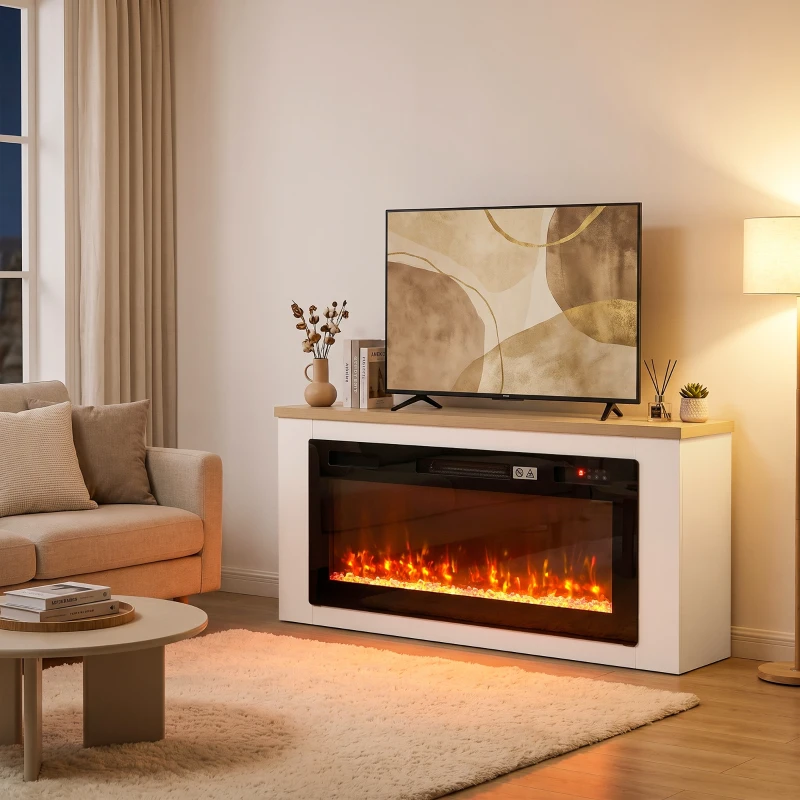 HOMCOM Cheminée électrique avec chauffage, 12 couleurs de flammes, meuble TV avec cheminée pour TV jusqu'à 55 pouces (140 cm), 114 cm blanc