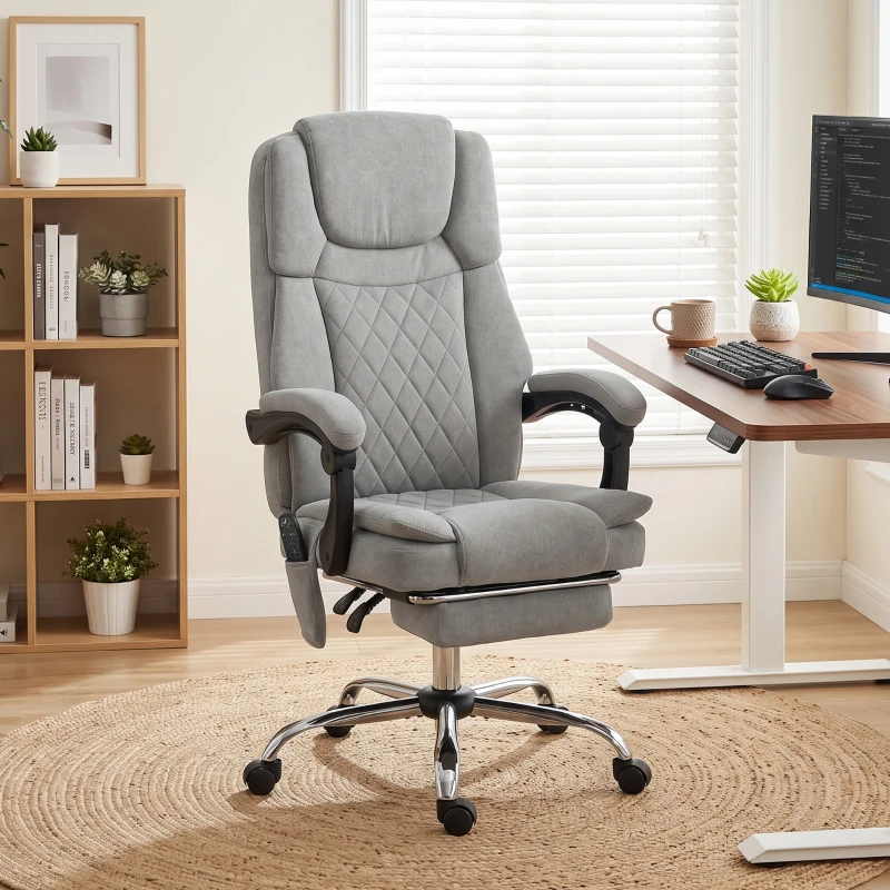 HOMCOM Fotoliu birou cu masaj vibrant și încălzire, scaun ergonomic din catifea imprimată, spătar înclinabil, gri