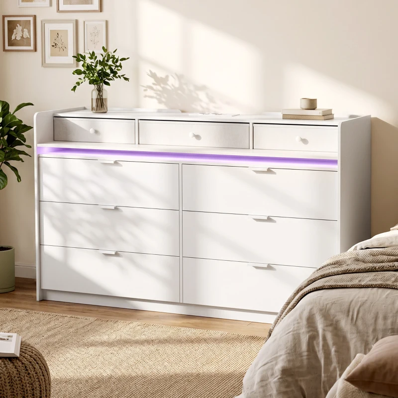 HOMCOM Commode avec Luminaires LED, Station de Charge et 9 Tiroirs Commode pour Chambre pour Salon Dressing 148,7x45x82 cm Blanc