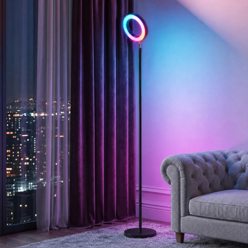 HOMCOM Lampă de podea 42W LED dimabilă 3 temperaturi de culoare reflector pentru tavan cap inelar reglabil negru