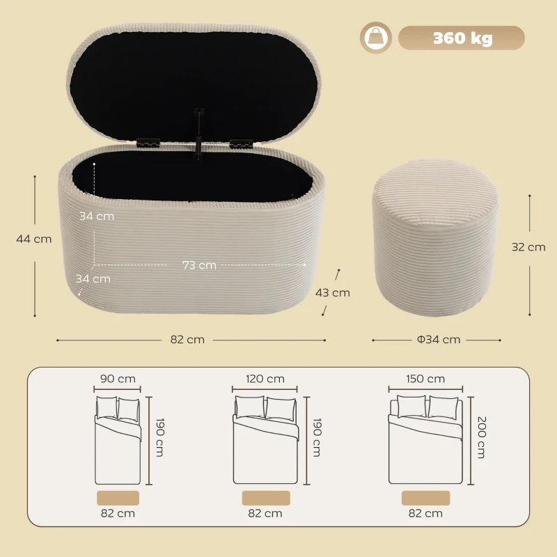 HOMCOM Velours-Aufbewahrungsbank Pouf Aufbewahrungstruhe 3-in-1 mit 2 integrierten kleinen Hockern 82x43x44cm Beige