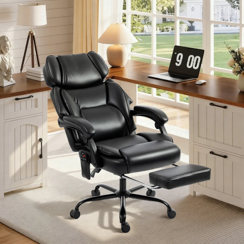 HOMCOM Fauteuil de bureau massant 6 points vibrant, chauffé avec repose-pieds, en cuir PU, hauteur réglable, Noir